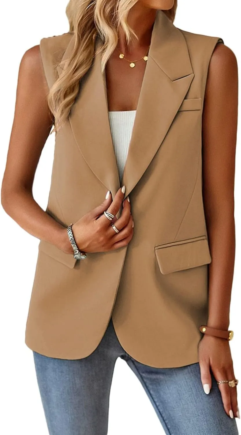 Womens Sleeveless Vest V-Neck Fashion Dressy Casual Open Front Trench Coat Jacket Cardigan Vests with Pockets