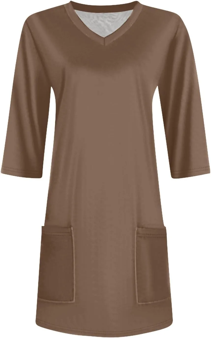 Womens Tunics To Wear With Leggings Summer 3/4 Length Sleeve V Neck Tshirts With Pockets Long Blouses Dressy Casual