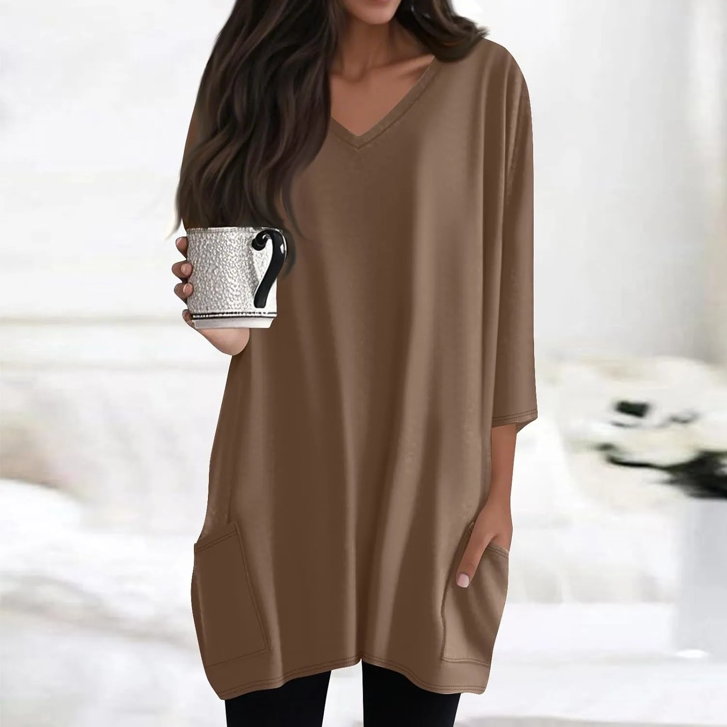 Womens Tunics To Wear With Leggings Summer 3/4 Length Sleeve V Neck Tshirts With Pockets Long Blouses Dressy Casual