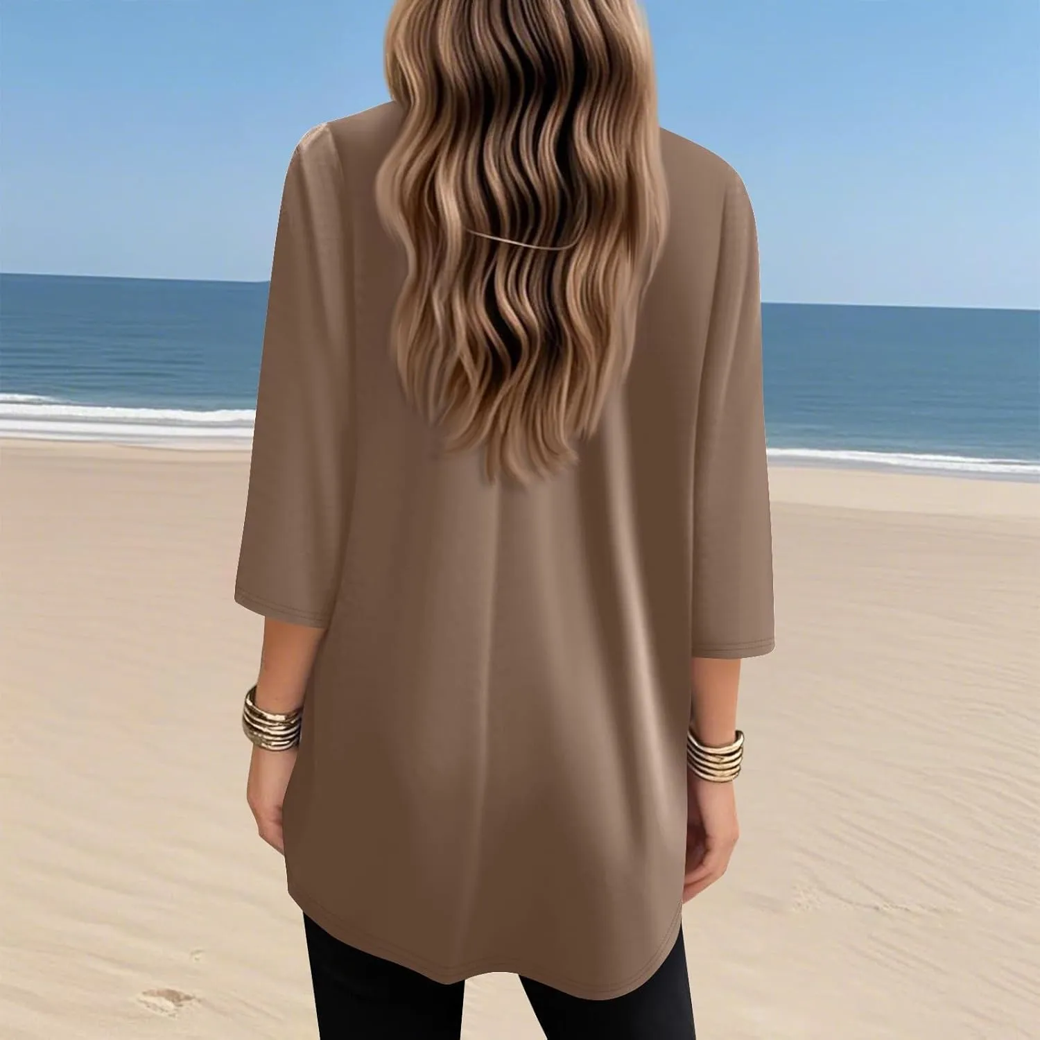 Womens Tunics To Wear With Leggings Summer 3/4 Length Sleeve V Neck Tshirts With Pockets Long Blouses Dressy Casual