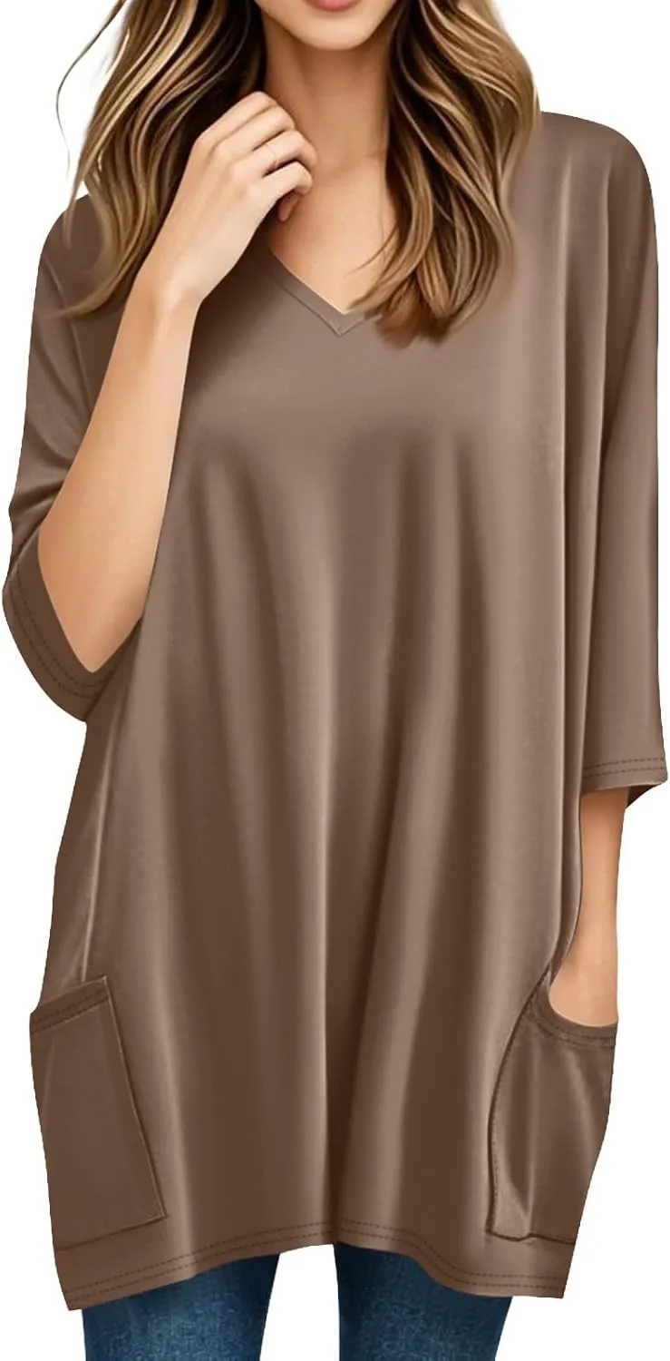 Womens Tunics To Wear With Leggings Summer 3/4 Length Sleeve V Neck Tshirts With Pockets Long Blouses Dressy Casual