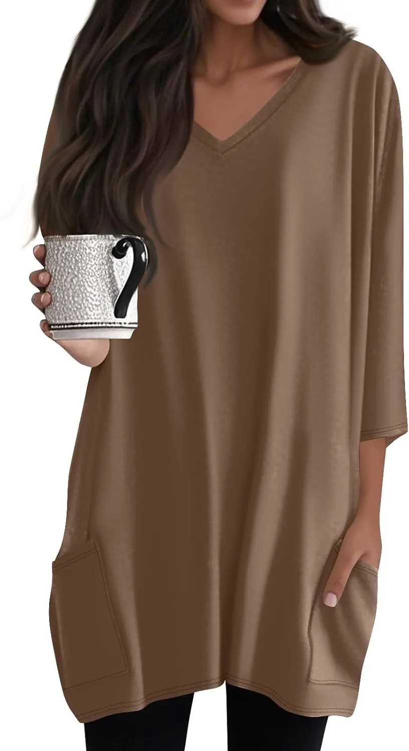 Womens Tunics To Wear With Leggings Summer 3/4 Length Sleeve V Neck Tshirts With Pockets Long Blouses Dressy Casual