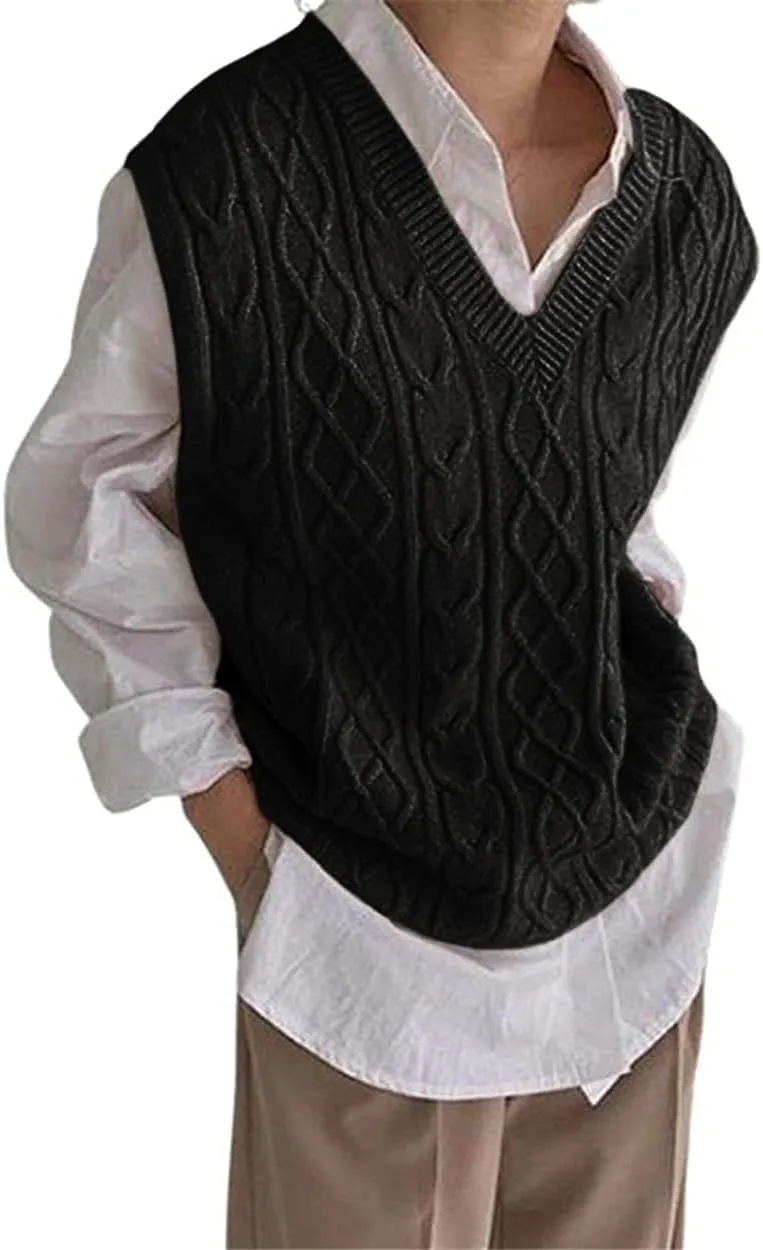 Women's V Neck Sweater Vest Oversized Sleeveless Loose Knit Tops Cable Sleeveless Sweater