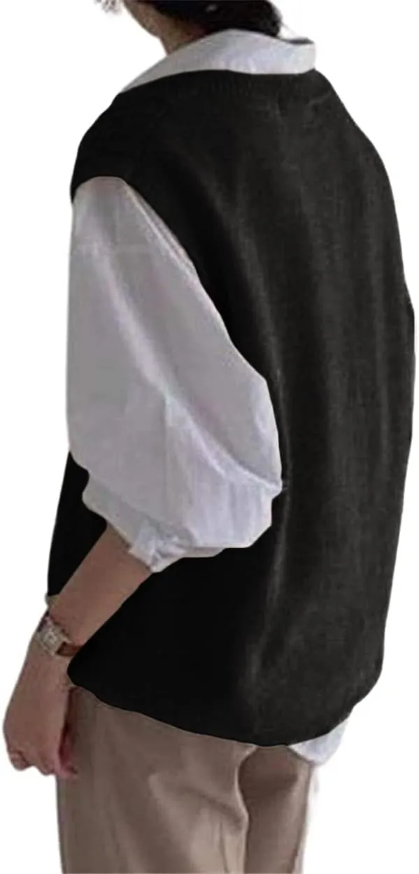 Women's V Neck Sweater Vest Oversized Sleeveless Loose Knit Tops Cable Sleeveless Sweater