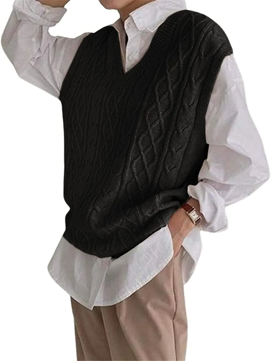 Women's V Neck Sweater Vest Oversized Sleeveless Loose Knit Tops Cable Sleeveless Sweater