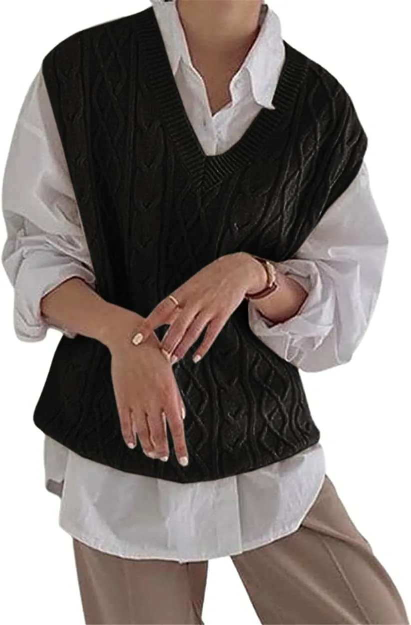 Women's V Neck Sweater Vest Oversized Sleeveless Loose Knit Tops Cable Sleeveless Sweater