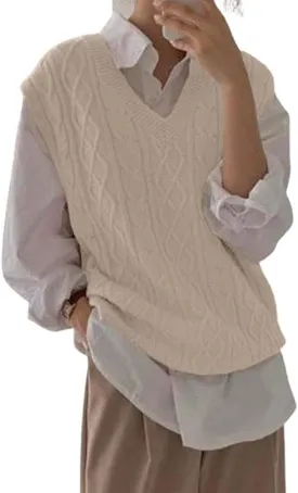 Women's V Neck Sweater Vest Oversized Sleeveless Loose Knit Tops Cable Sleeveless Sweater
