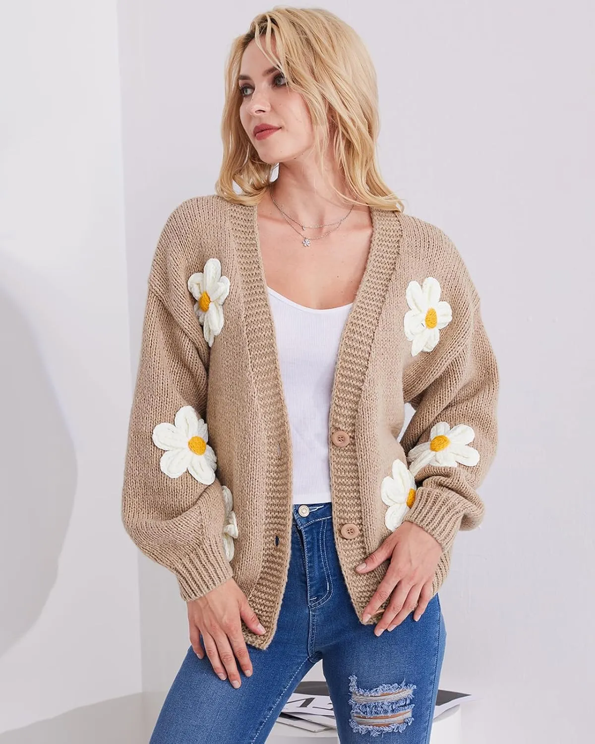 Y2k Sweater Cardigan for Women, Long Sleeve V-Neck Button Crochet Flower Knit Womens Clothes.