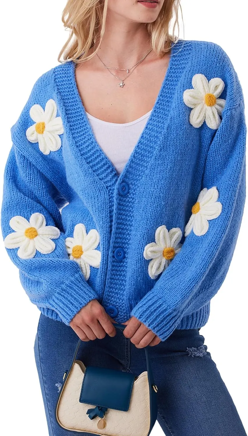 Y2k Sweater Cardigan for Women, Long Sleeve V-Neck Button Crochet Flower Knit Womens Clothes.