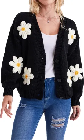 Y2k Sweater Cardigan for Women, Long Sleeve V-Neck Button Crochet Flower Knit Womens Clothes.