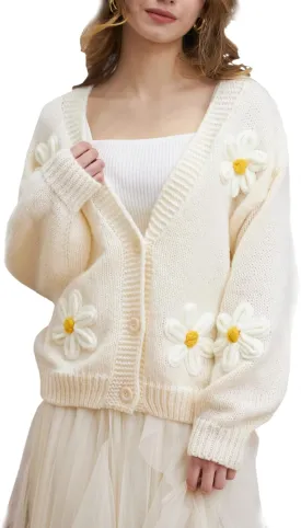 Y2k Sweater Cardigan for Women, Long Sleeve V-Neck Button Crochet Flower Knit Womens Clothes.