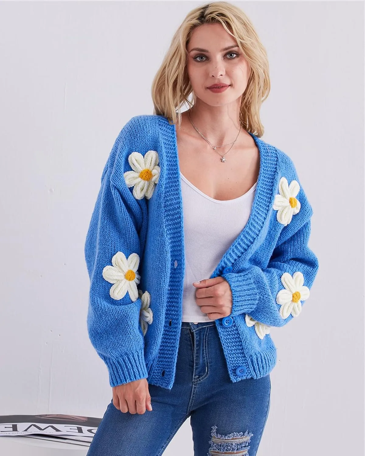 Y2k Sweater Cardigan for Women, Long Sleeve V-Neck Button Crochet Flower Knit Womens Clothes.