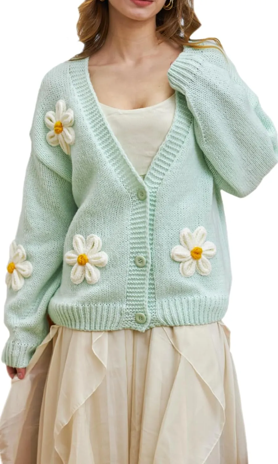 Y2k Sweater Cardigan for Women, Long Sleeve V-Neck Button Crochet Flower Knit Womens Clothes.