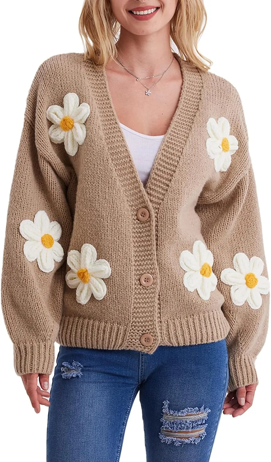 Y2k Sweater Cardigan for Women, Long Sleeve V-Neck Button Crochet Flower Knit Womens Clothes.