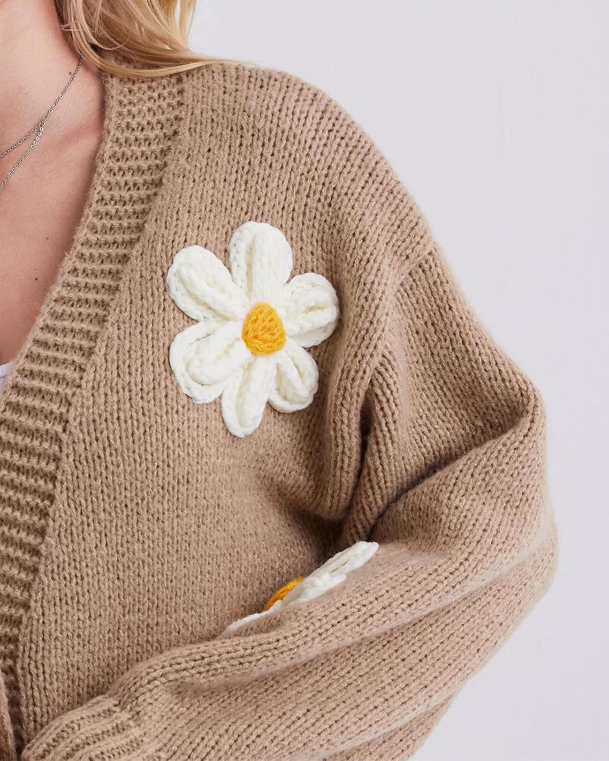 Y2k Sweater Cardigan for Women, Long Sleeve V-Neck Button Crochet Flower Knit Womens Clothes.