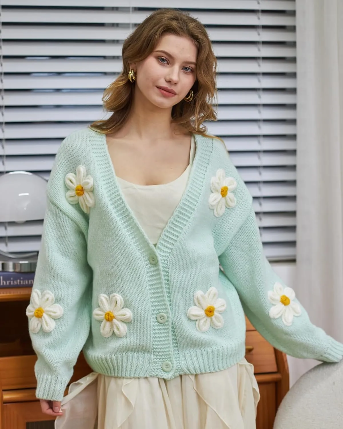 Y2k Sweater Cardigan for Women, Long Sleeve V-Neck Button Crochet Flower Knit Womens Clothes.