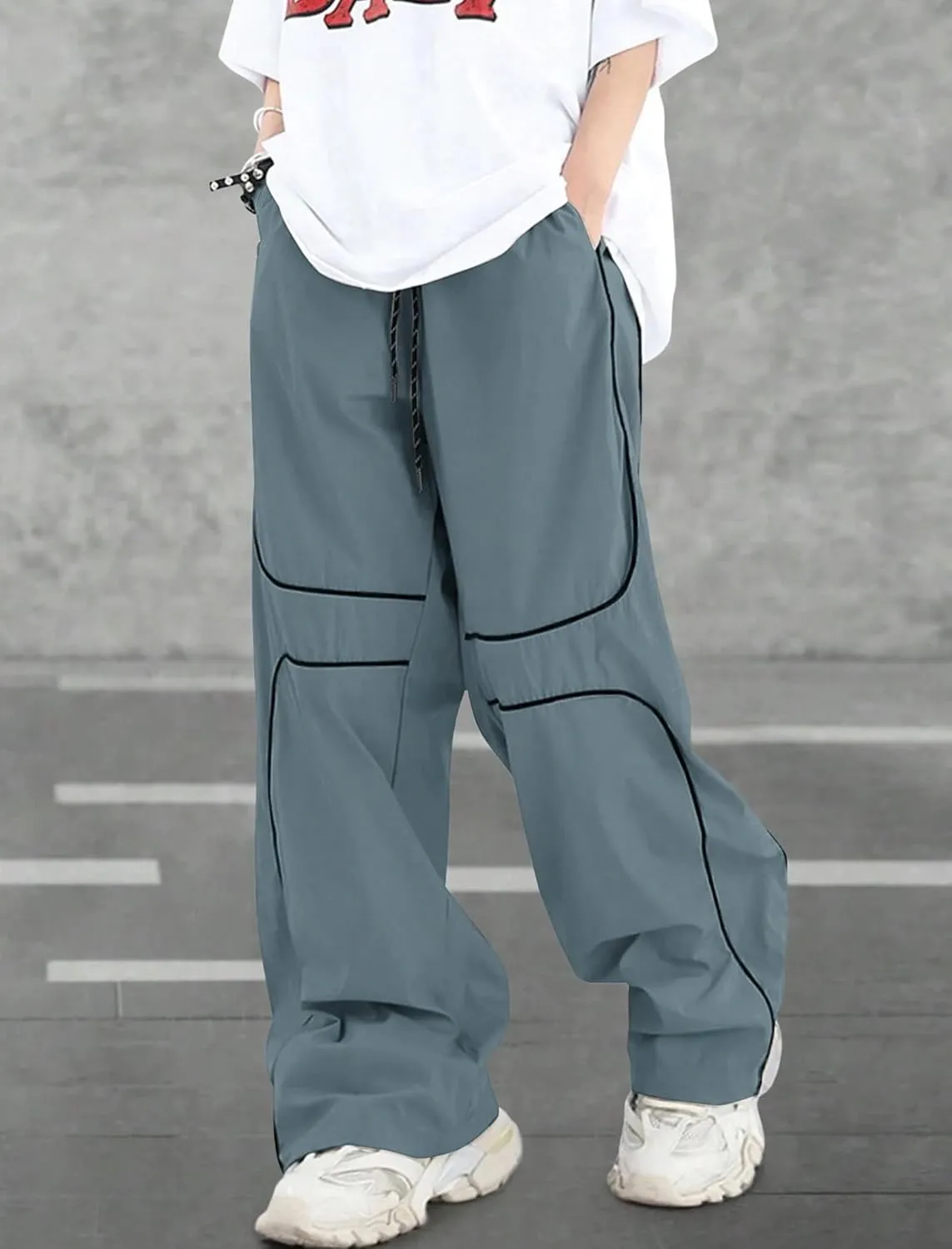 ZAFUL Mens Baggy Pants Y2K Contrast Piping Drawstring Sweatpants Fashion Unisex Oversized Cargo Pants for Men with Pockets