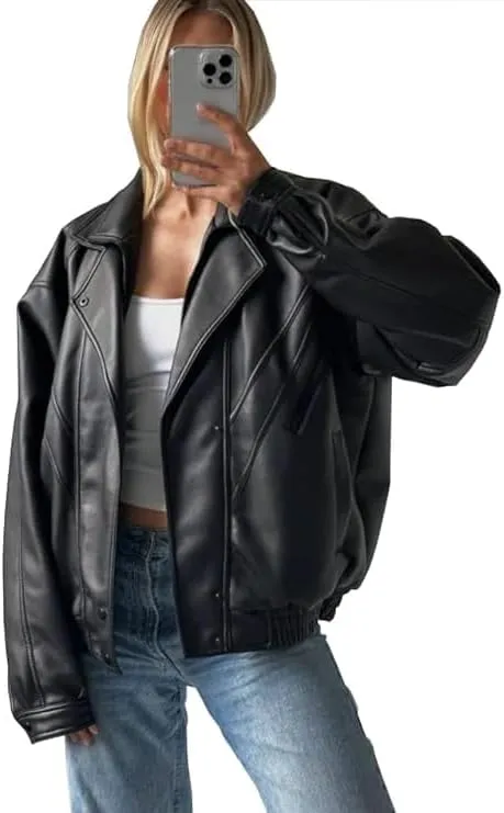 Zaine Enterprises Womens 90s Oversized Straight Vintage Bomber Genuine Leather Moto Jacket