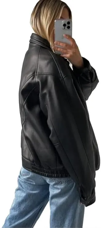 Zaine Enterprises Womens 90s Oversized Straight Vintage Bomber Genuine Leather Moto Jacket
