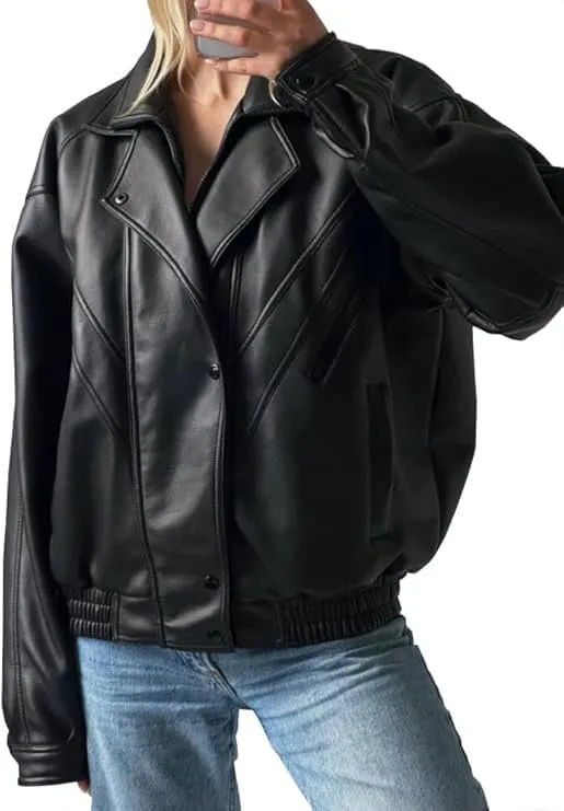 Zaine Enterprises Womens 90s Oversized Straight Vintage Bomber Genuine Leather Moto Jacket