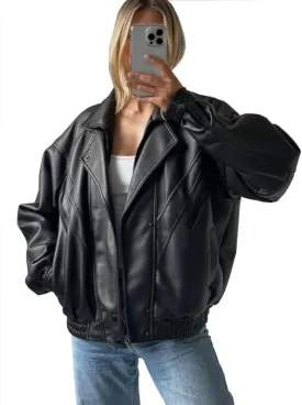 Zaine Enterprises Womens 90s Oversized Straight Vintage Bomber Genuine Leather Moto Jacket