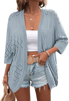Zeagoo Womens 2025 Lightweight Crochet Cardigan Sweaters Open Front 3/4 Sleeve Knit Kimono Summer Boho Cover Up