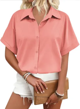 Zeagoo Women's Button Down Shirts Short Sleeve Casual Oversized Shirts Loose Collared V Neck Blouses