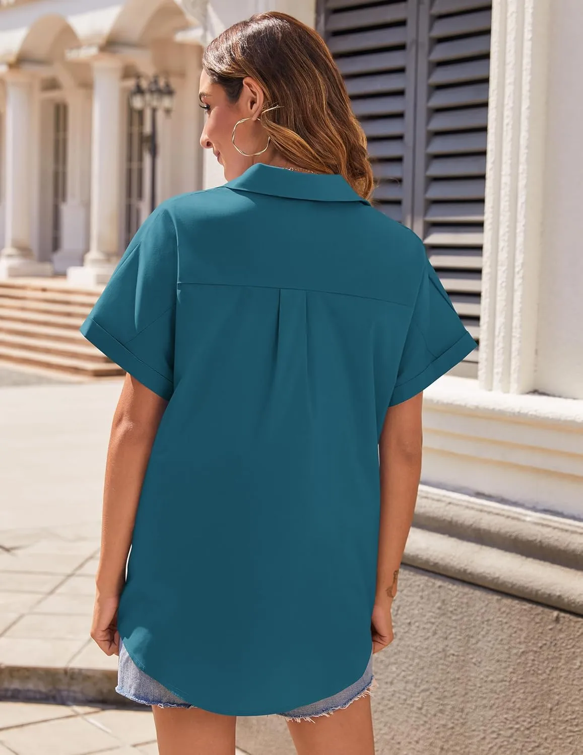 Zeagoo Women's Button Down Shirts Short Sleeve Casual Oversized Shirts Loose Collared V Neck Blouses