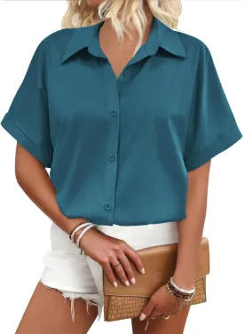 Zeagoo Women's Button Down Shirts Short Sleeve Casual Oversized Shirts Loose Collared V Neck Blouses