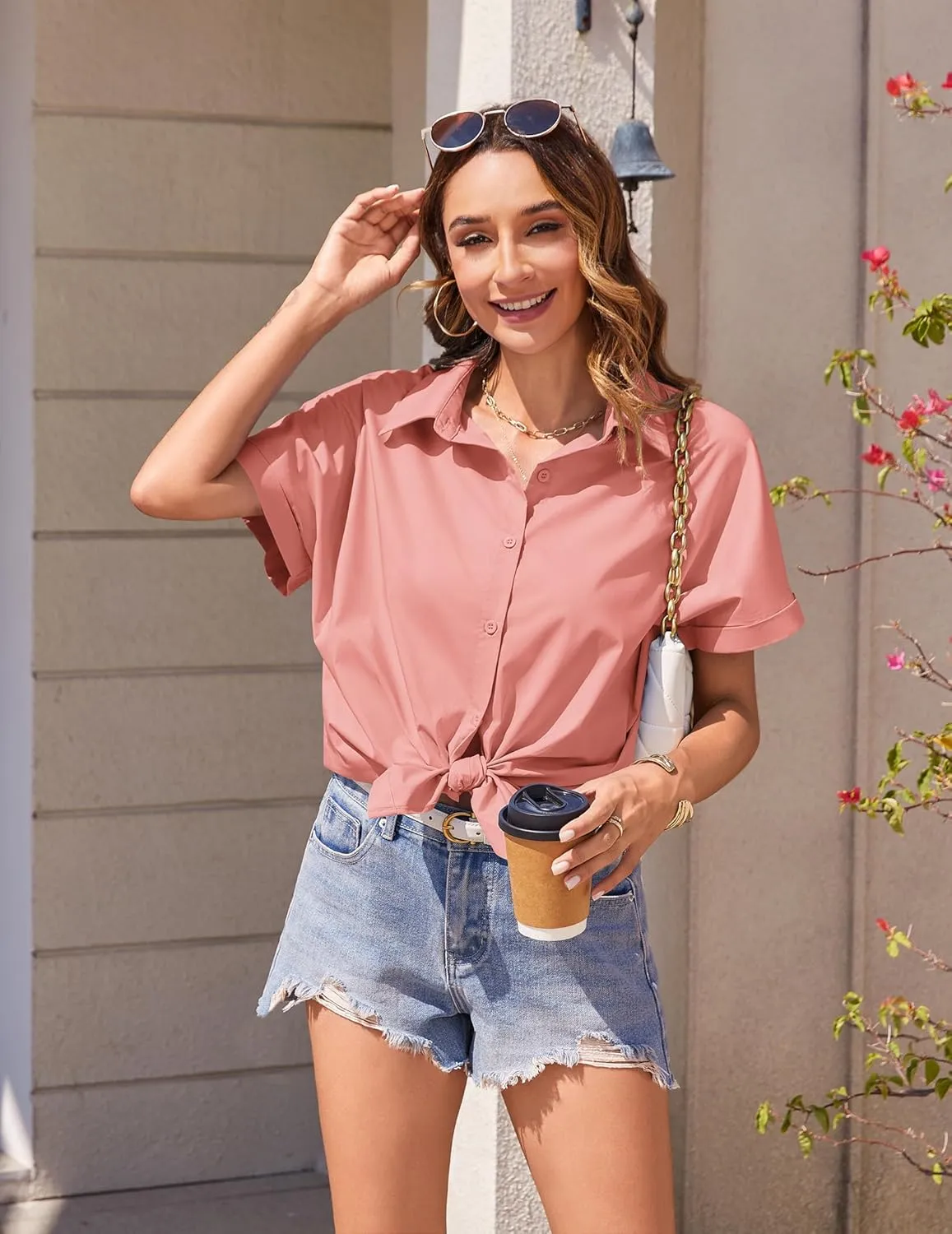Zeagoo Women's Button Down Shirts Short Sleeve Casual Oversized Shirts Loose Collared V Neck Blouses