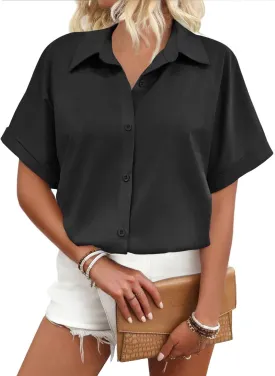 Zeagoo Women's Button Down Shirts Short Sleeve Casual Oversized Shirts Loose Collared V Neck Blouses