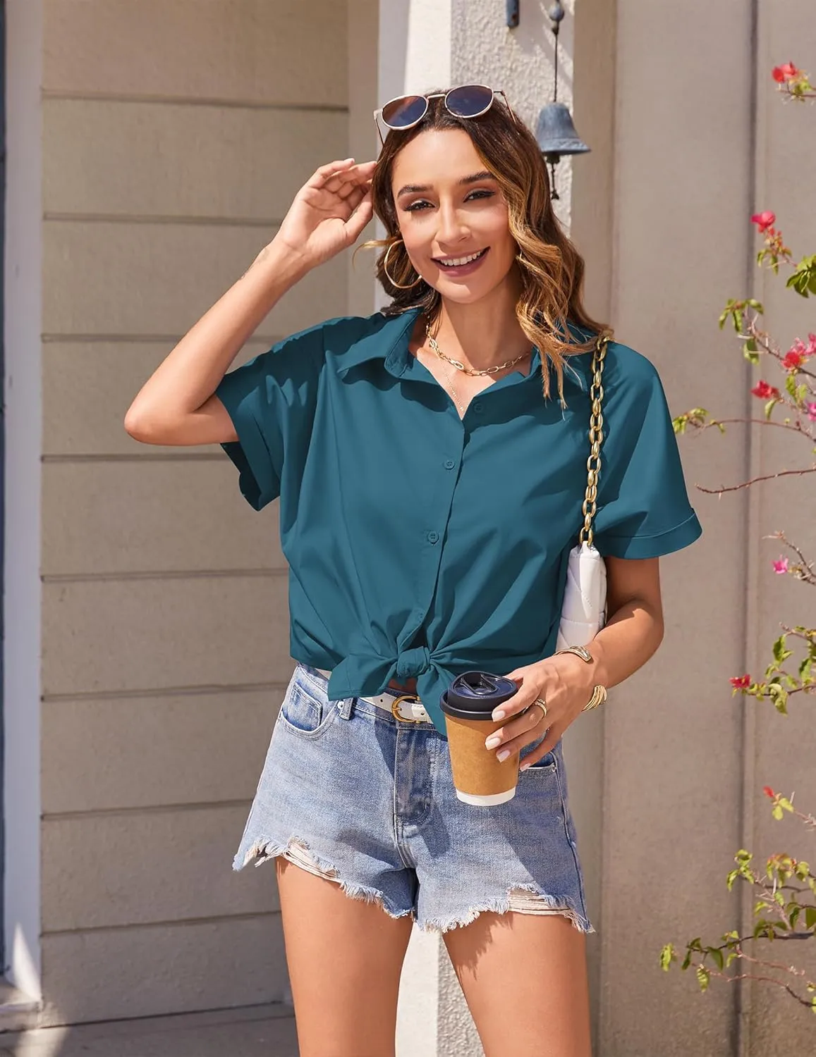 Zeagoo Women's Button Down Shirts Short Sleeve Casual Oversized Shirts Loose Collared V Neck Blouses