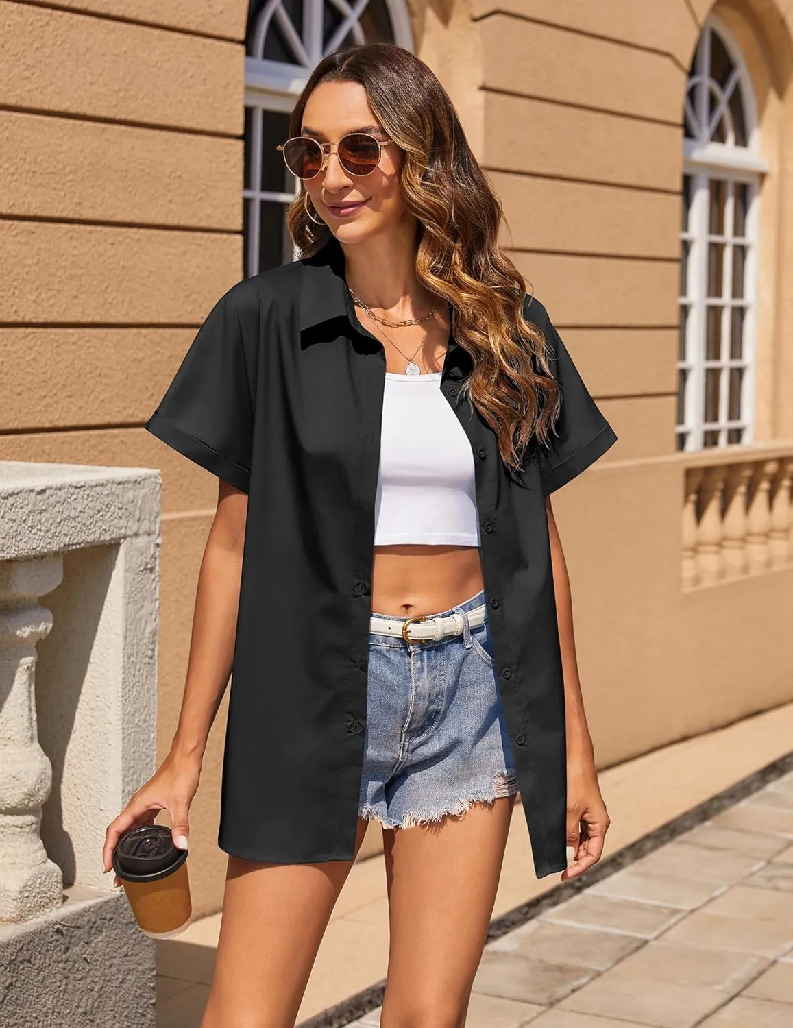 Zeagoo Women's Button Down Shirts Short Sleeve Casual Oversized Shirts Loose Collared V Neck Blouses