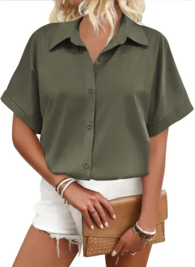 Zeagoo Women's Button Down Shirts Short Sleeve Casual Oversized Shirts Loose Collared V Neck Blouses