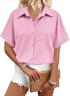 Zeagoo Women's Button Down Shirts Short Sleeve Casual Oversized Shirts Loose Collared V Neck Blouses