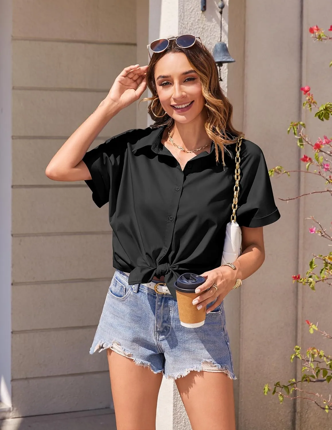 Zeagoo Women's Button Down Shirts Short Sleeve Casual Oversized Shirts Loose Collared V Neck Blouses