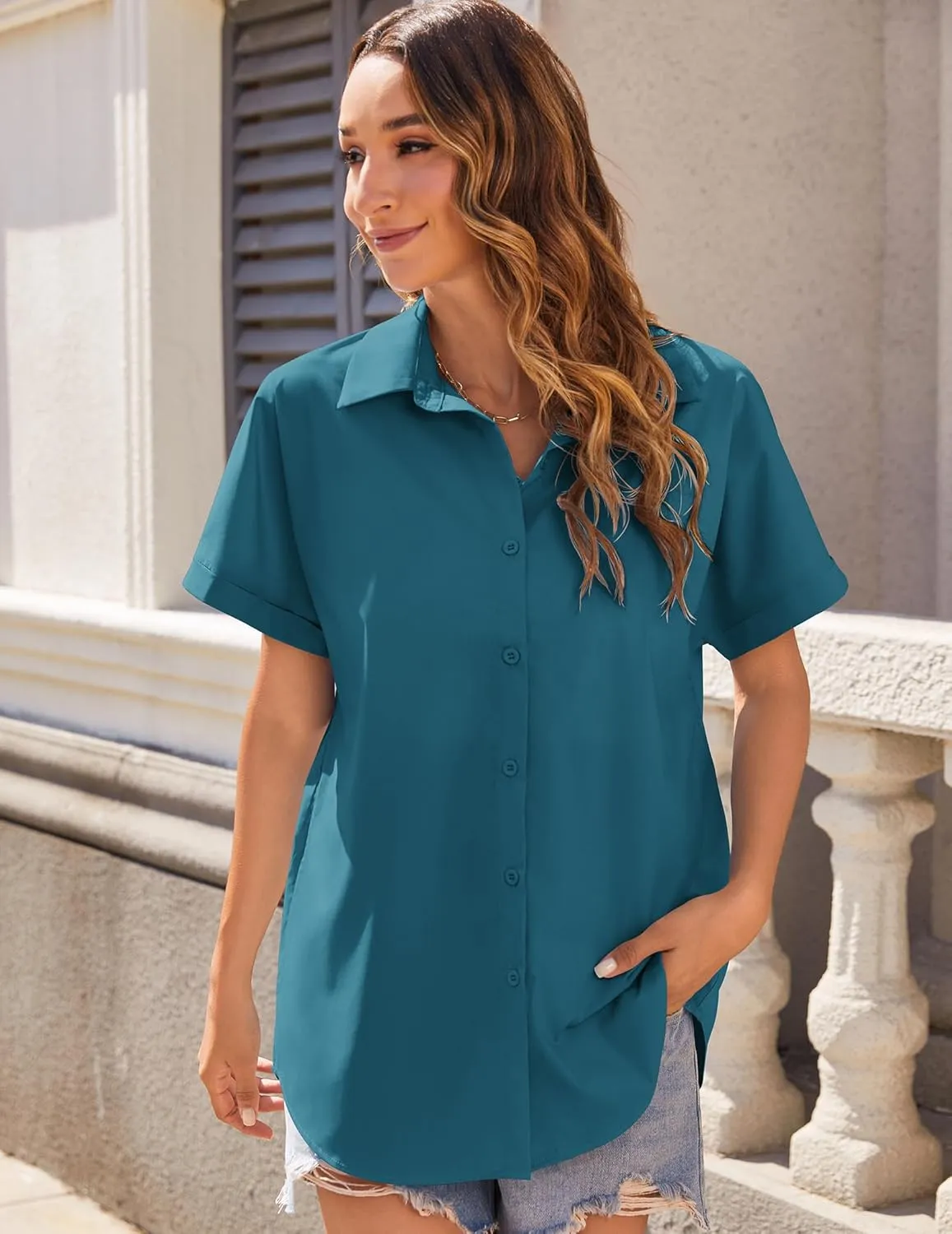 Zeagoo Women's Button Down Shirts Short Sleeve Casual Oversized Shirts Loose Collared V Neck Blouses